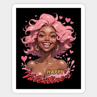 Happy Valentine's Day Black Girl Pink Hair comic pop art anime Magnet